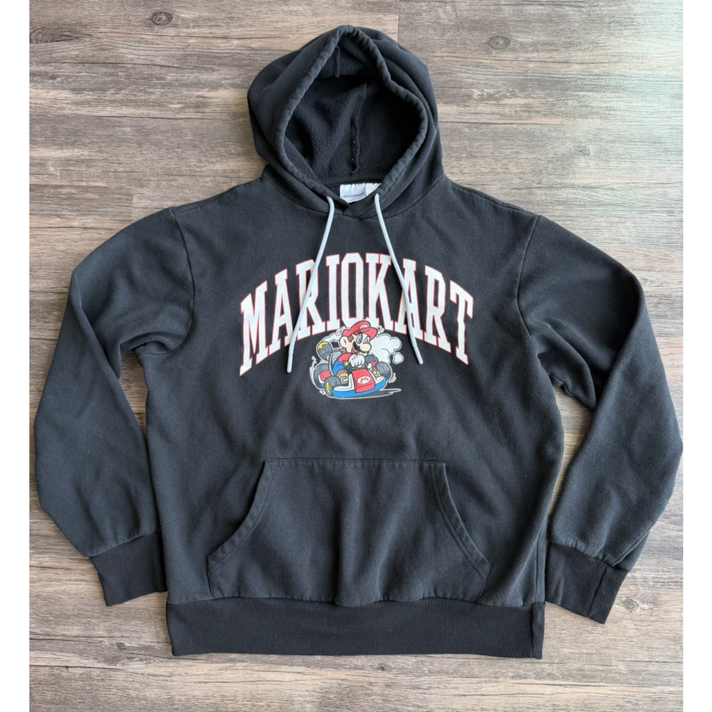 Mario Kart Hoodie Mens M Black Nintendo Graphic Drawstring Cotton Blend Gaming